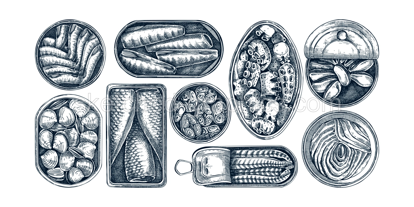 Hand drawn canned fish illustrations collection. Sardines, anchovy, mackerel, tuna, mussels in tin cans, fish canapes, olives, crackers and lemons sketches set in engraved style. Table view design Illustration
